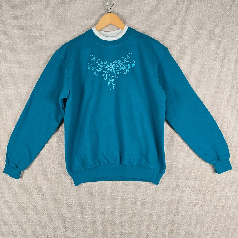 Morning Sun Vintage Teal Floral Embroidered Sweatshirt Rhinestones Womens Medium